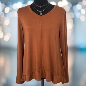 LOGO Rust Knit V-neck Long Sleeve Flared Hem Top M